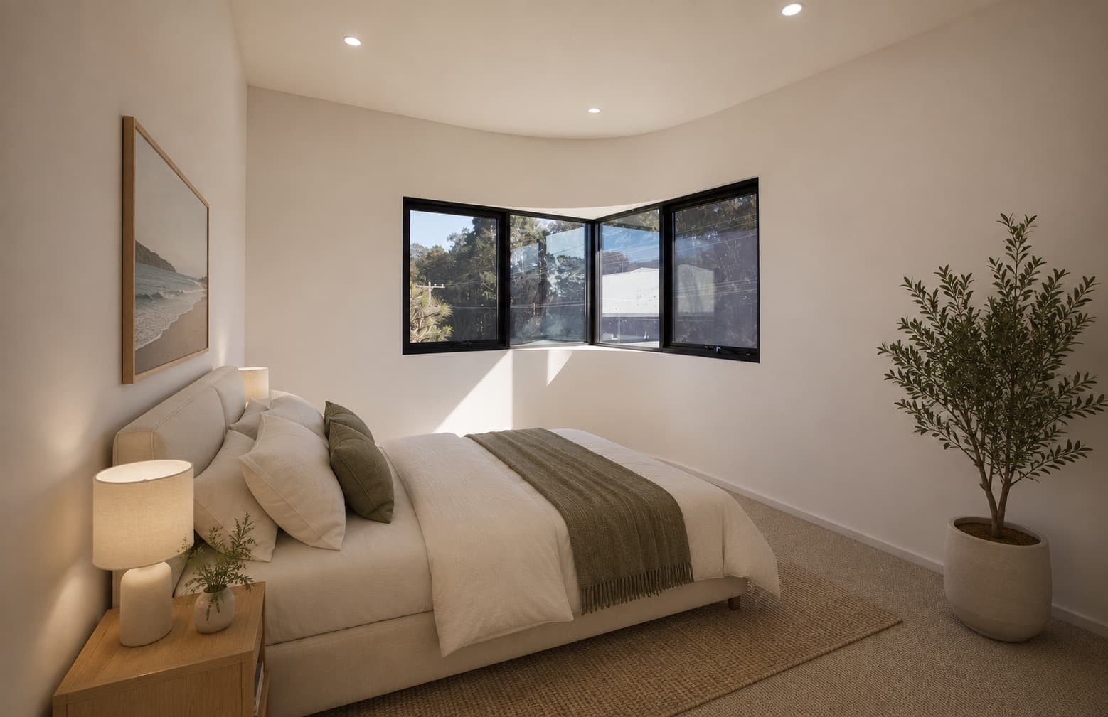 Light-filled bedroom with corner windows