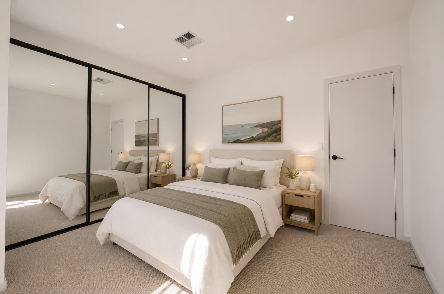 Bedroom with mirrored built-in wardrobe